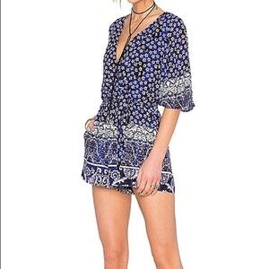 Lovers + Friends Romper Isabelle Blue and Black Medium Mosaic Pattern Boho NWT